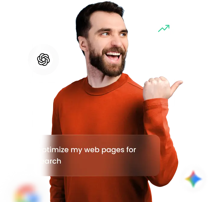 Propietario sonriente de una pequeña empresa con un suéter rojo señalando hacia un lado sobre un fondo de cuadrícula morado, que presenta SiteGround AI Studio como los superpoderes de IA para tu negocio.