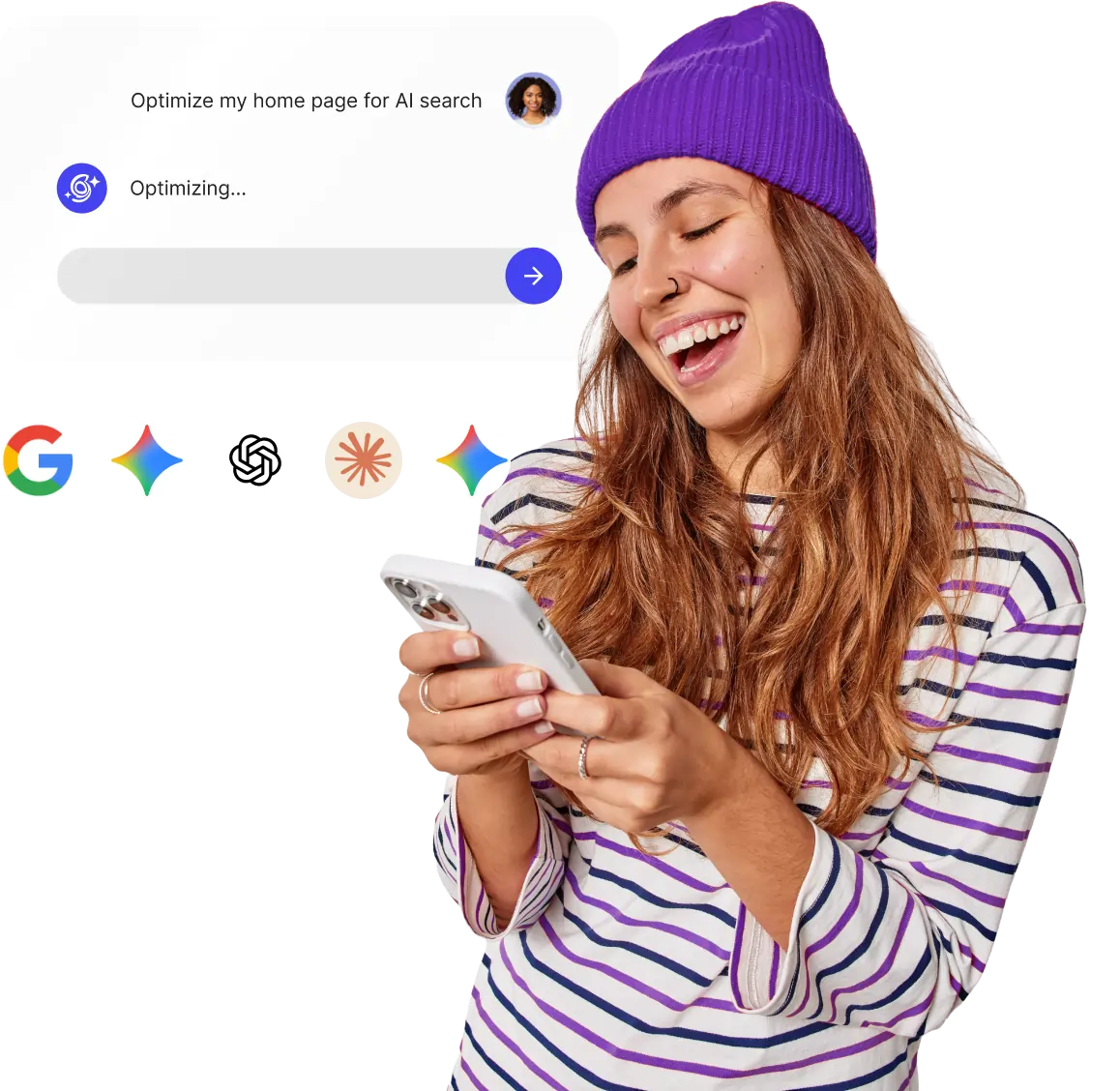 Smiling young woman using her phone while an AI interface optimizes her home page for AI search, with icons of leading AI providers shown underneath.