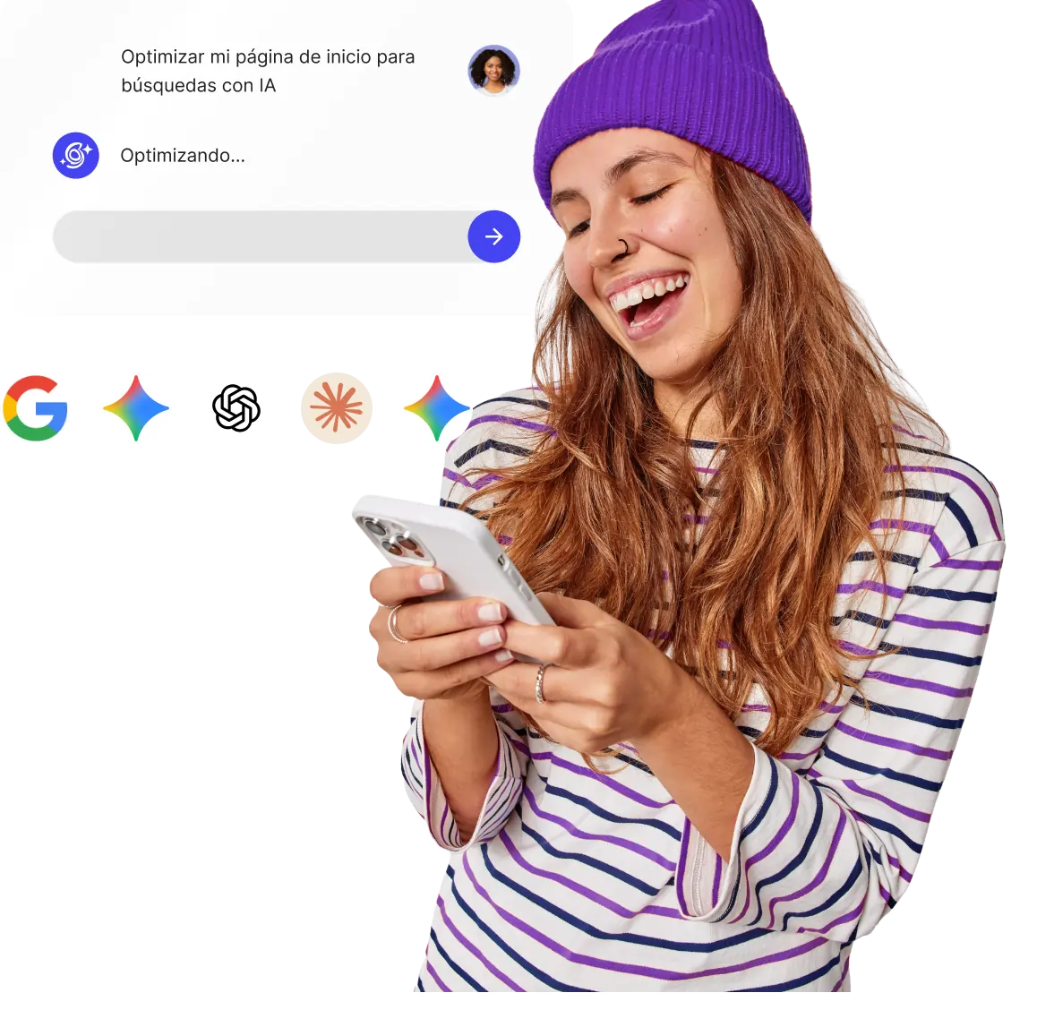 Una joven sonriente utiliza su teléfono mientras una interfaz de IA optimiza su página de inicio para la búsqueda de IA, con los iconos de los principales proveedores de IA mostrados debajo.