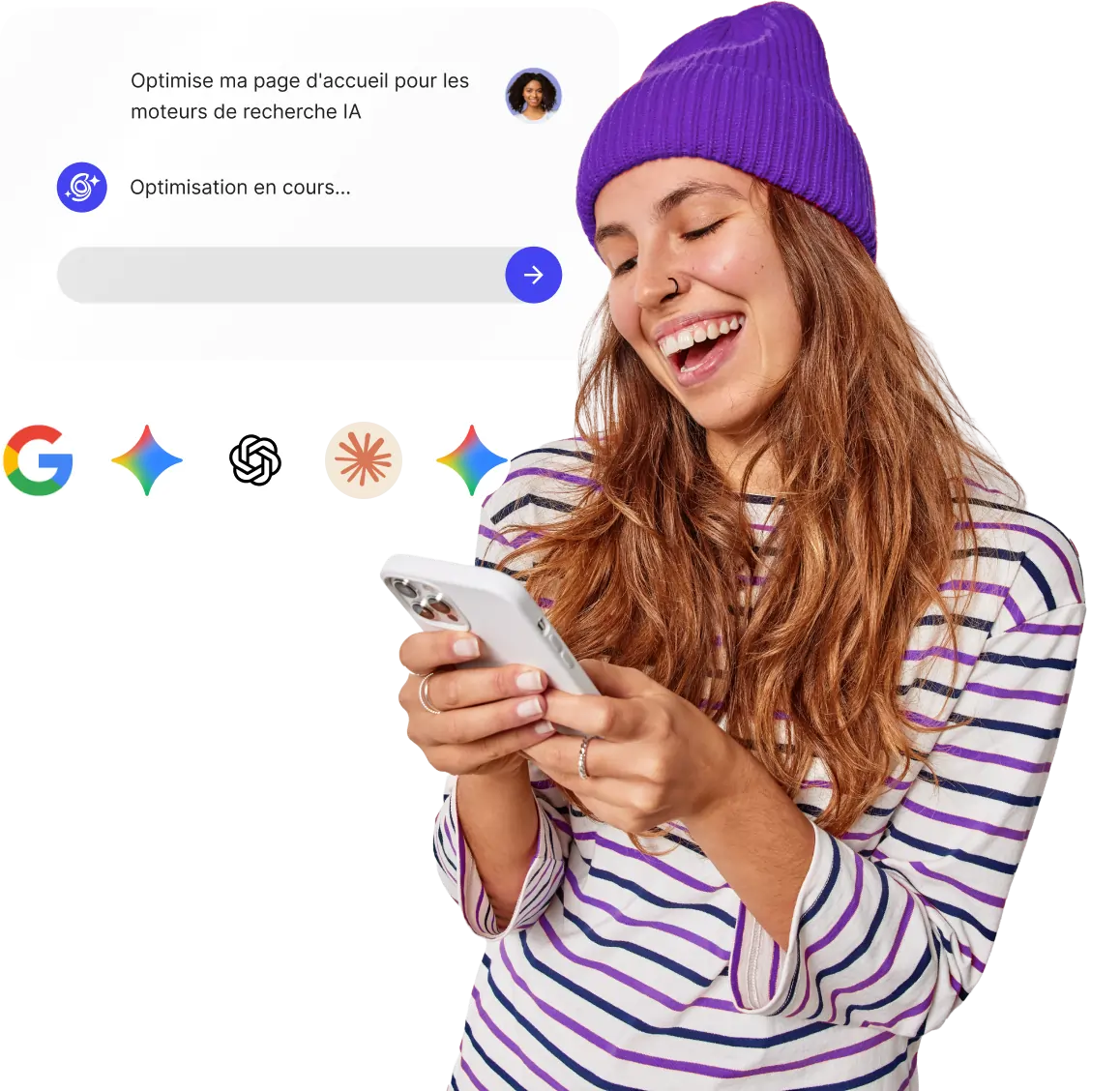 Jeune femme souriante utilisant son téléphone, avec une IA optimisant sa page d’accueil et les icônes des principaux fournisseurs affichées en dessous.