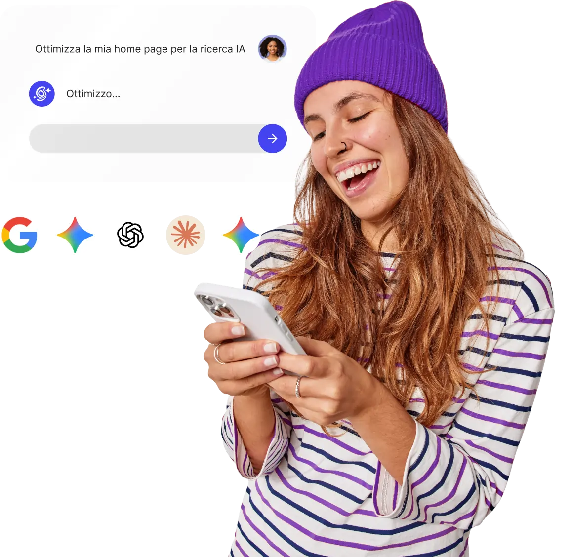 Giovane donna sorridente che utilizza il suo telefono mentre un'interfaccia AI ottimizza la sua pagina iniziale per la ricerca AI, con le icone dei principali fornitori AI mostrate sotto.