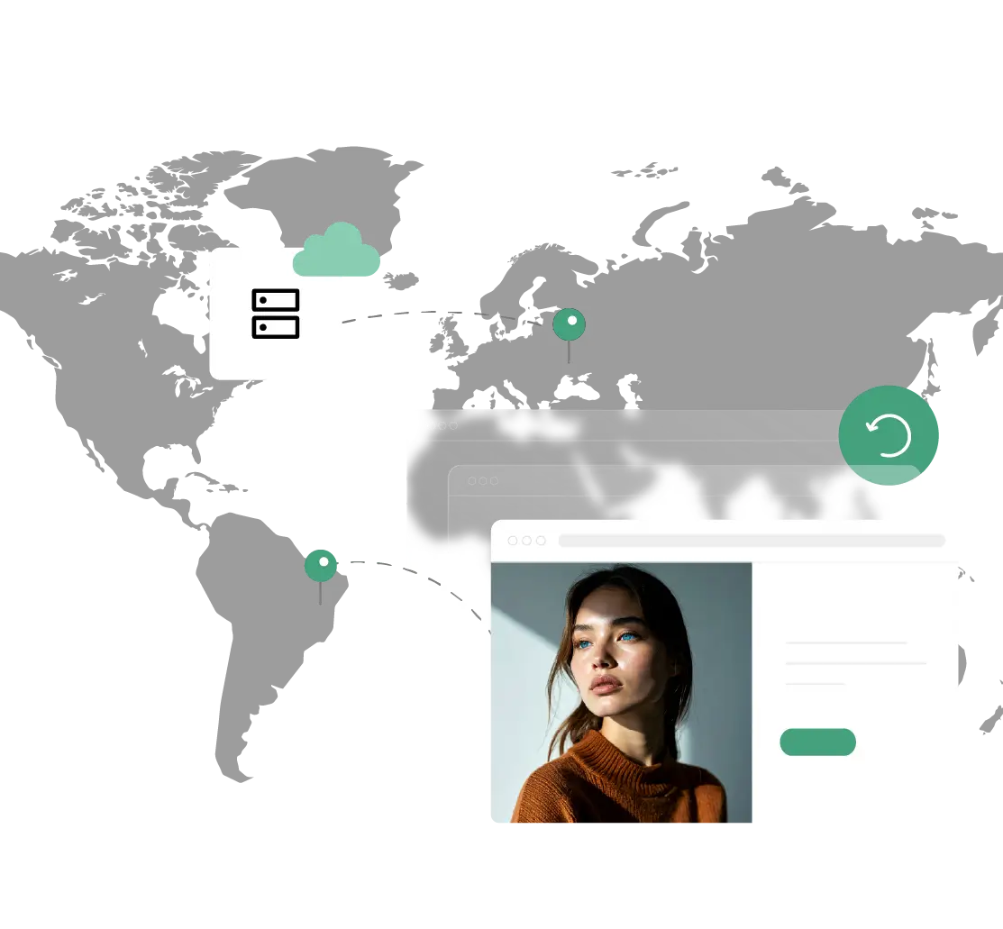 Una mappa del mondo che illustra una rete di server, con server che si collegano a finestre del browser degli utenti indicando il backup dei loro siti web.