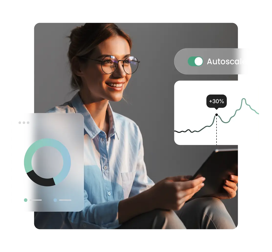 Ein Browserfenster, das eine Produktseite mit einer Vase zeigt, neben Symbolen zum Hinzufügen von Inhalten und zur Ansicht von Analysen.