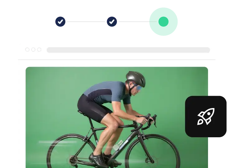 Un primo piano di una finestra del browser che mostra un ciclista, con un'icona di razzo che indica alta velocità o prestazioni.