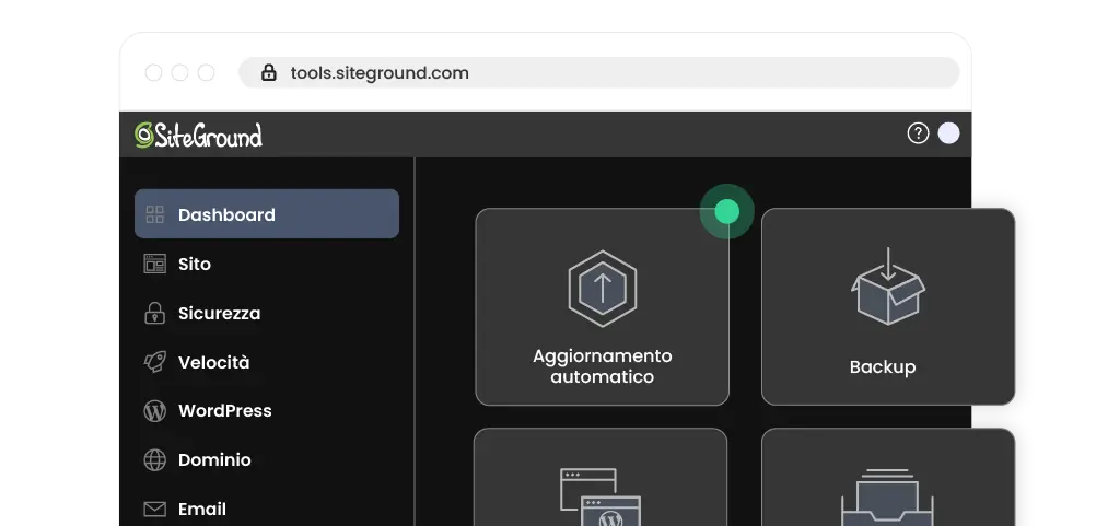 Un primo piano del pannello di controllo dell'hosting SiteGround, Site tools, con un focus sulle icone degli strumenti 