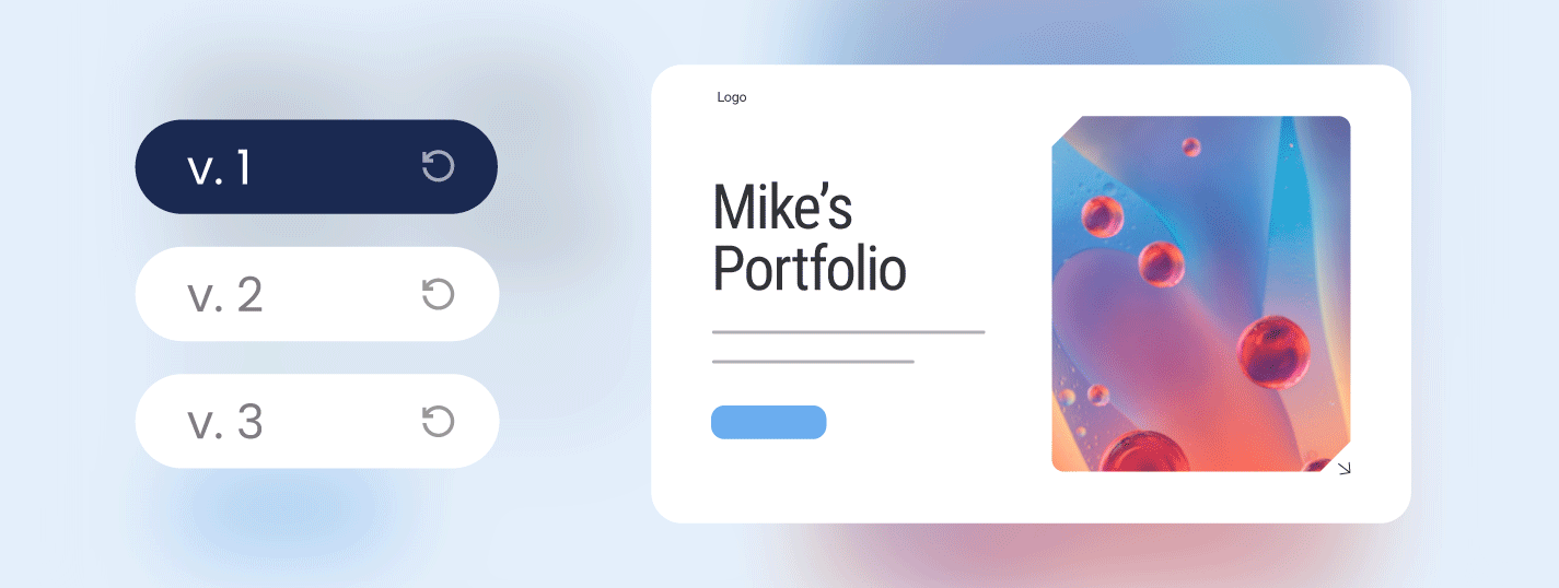 Un exemple de projet de site web, « Portfolio de Mike », illustrant les différentes variantes du générateur de sites web IA avec des versions enregistrées.