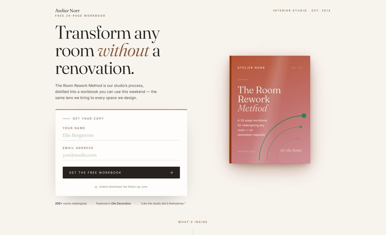 Template per landing page di Coderick AI – sezione hero in stile portfolio moderno con galleria dei lavori in evidenza