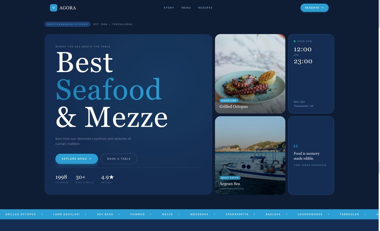 Template per sito web di un ristorante creato con Coderick AI, con menu, piatti selezionati dallo chef e sezione per la prenotazione dei tavoli.