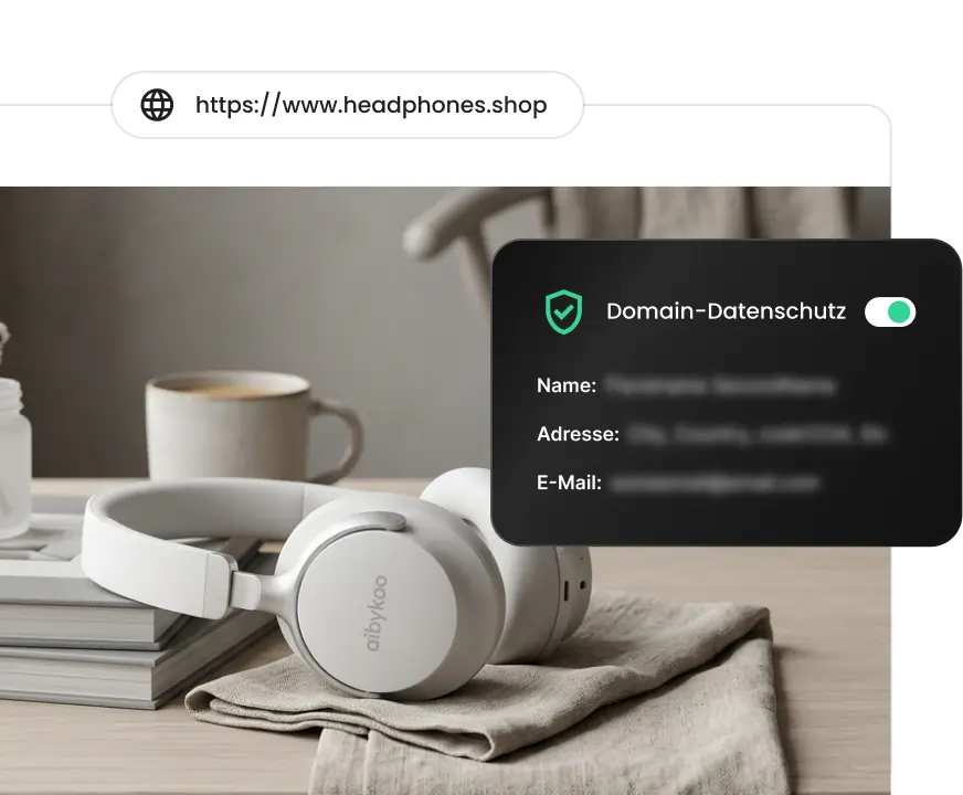 Kopfhörer auf einem Schreibtisch mit einem Domain-Privacy-Overlay, das geschützte persönliche Kontaktdaten zeigt