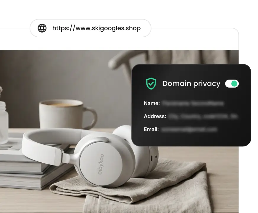 Headphones on a desk with a domain privacy panel overlay showing personal contact details protected