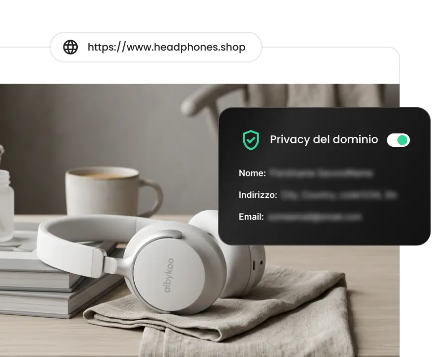 Cuffie su una scrivania con un pannello di protezione Privacy Dominio in sovrimpressione che evidenzia la protezione dei dati di contatto personali