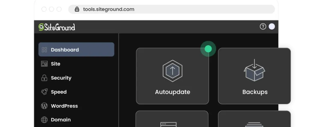 Interfaccia di SiteGround che mostra gli strumenti di gestione del sito