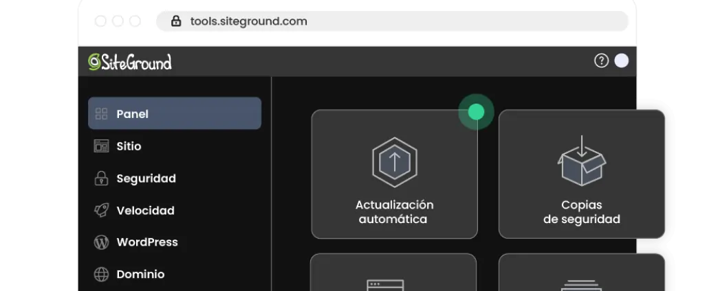 Interfaz de SiteGround mostrando herramientas de gestión del sitio
