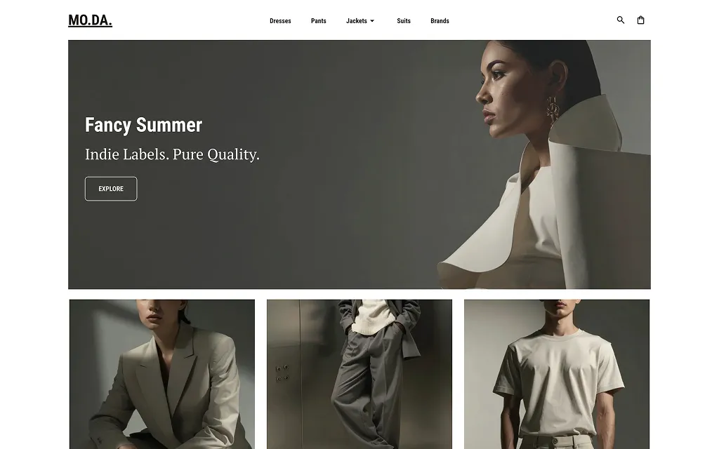 Fashion e-commerce website layout: Sophisticated hero section for "MO.DA." featuring indie labels and a "Fancy Summer" headline.