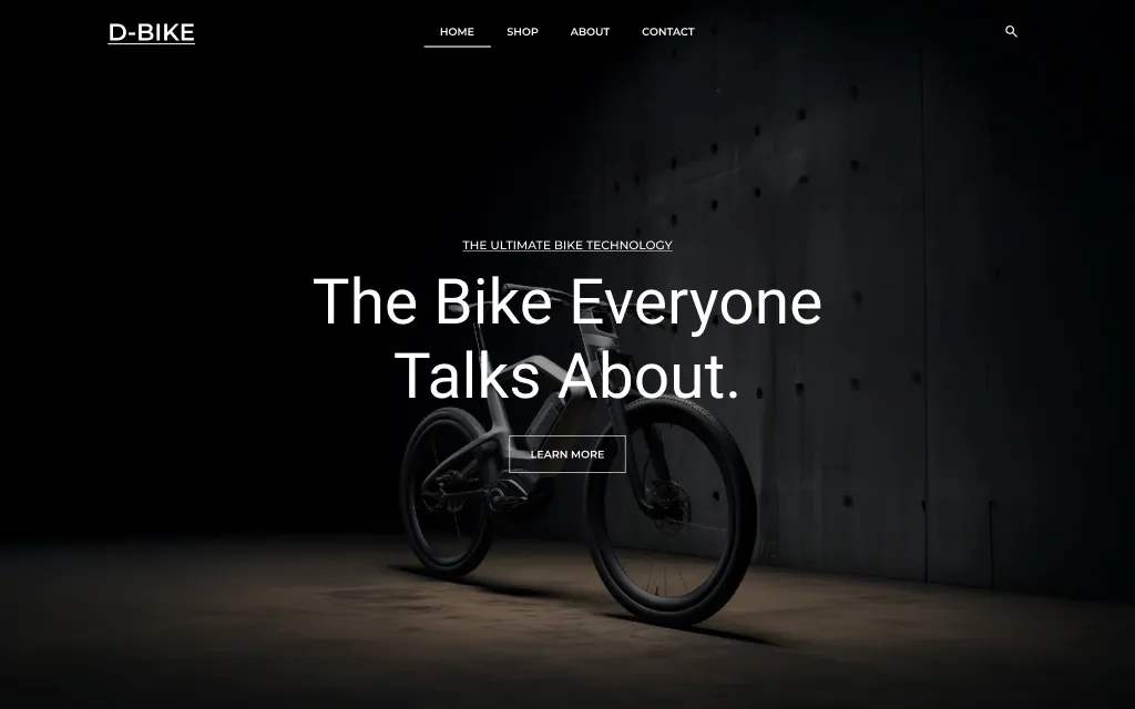 Cycling technology e-commerce website layout: Minimalist, dark-themed hero section for "D-BIKE" featuring high-end bicycle tech and a bold "Learn More" button.