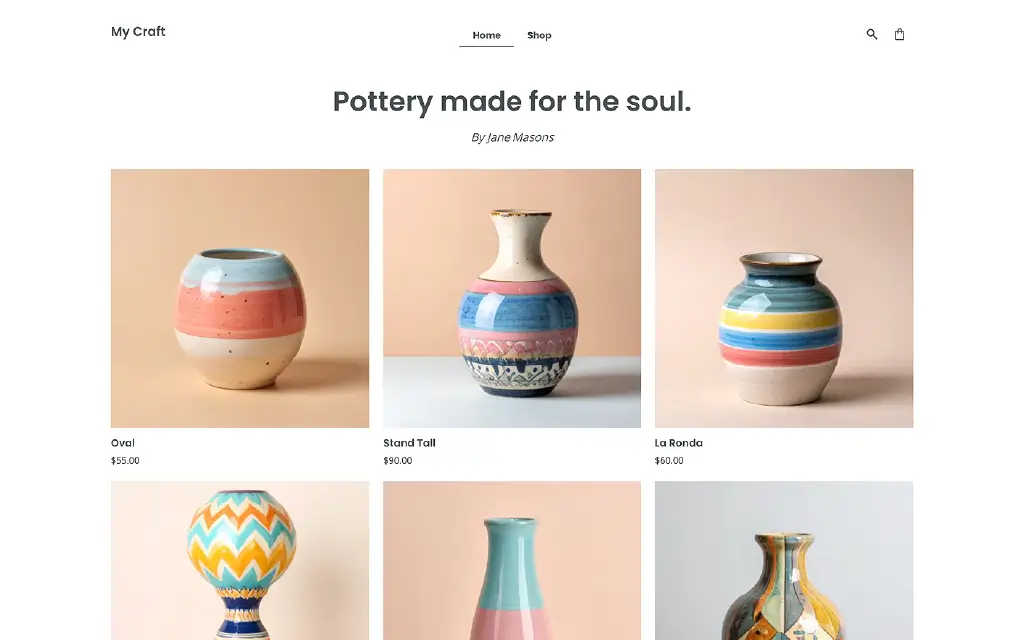 Pottery shop e-commerce website layout: Professional product grid for "My Craft" showcasing various handmade ceramic vases with pricing and descriptions.