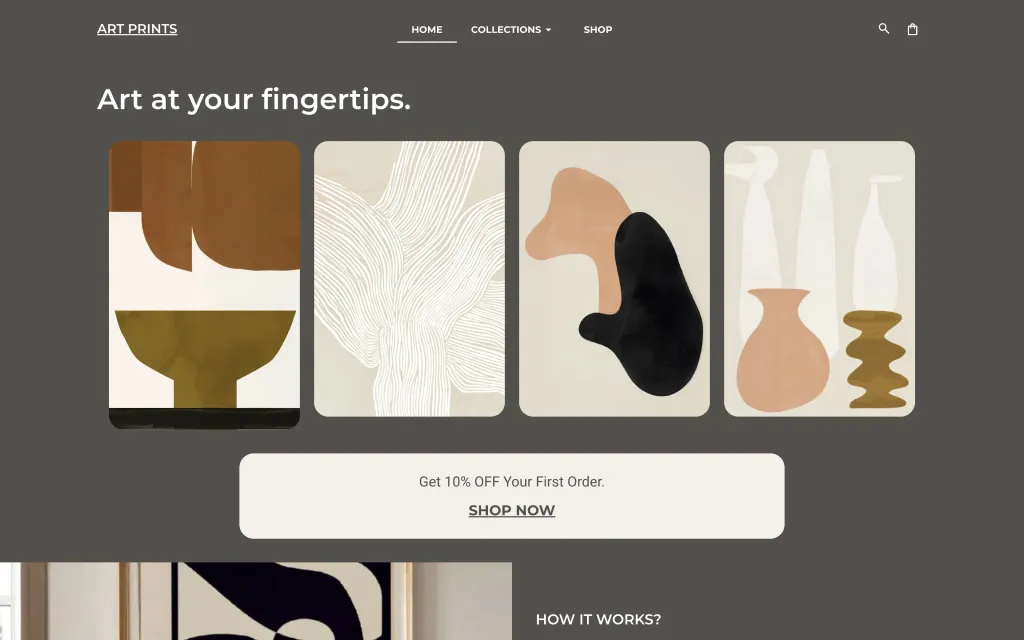 Art gallery e-commerce website layout: Modern landing page for "ART PRINTS" showcasing abstract art collections and a promotional discount for first-time buyers.