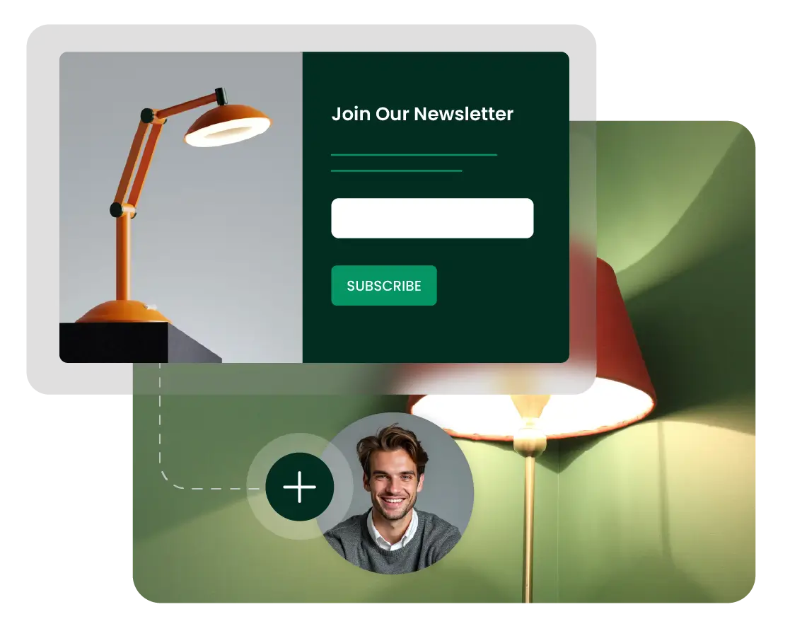SiteGround email signup form with a newsletter subscribe button collecting leads and adding a new subscriber, set against a cozy lamp-lit background.