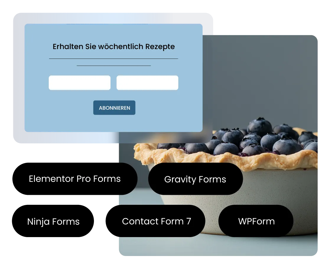 SiteGround-E-Mail-Marketing-Anmeldeformular, das mit beliebten WordPress-Formular-Plugins integriert wird, darunter Elementor Pro Forms, Gravity Forms, Ninja Forms, Contact Form 7 und WPForms, mit einem Blaubeer-Kuchen im Hintergrund.