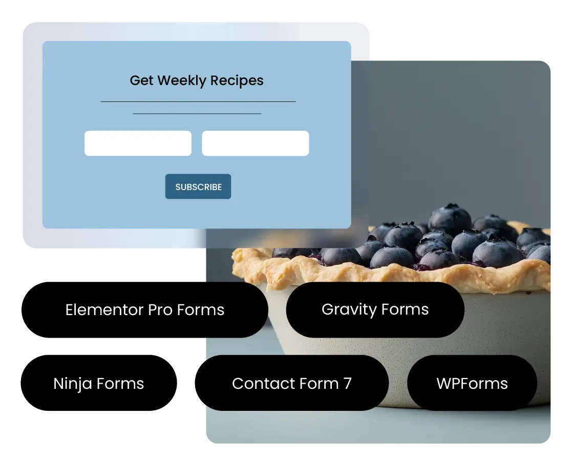 SiteGround email marketing signup form integrating with popular WordPress form plugins including Elementor Pro Forms, Gravity Forms, Ninja Forms, Contact Form 7, and WPForms, with a blueberry pie in the background.