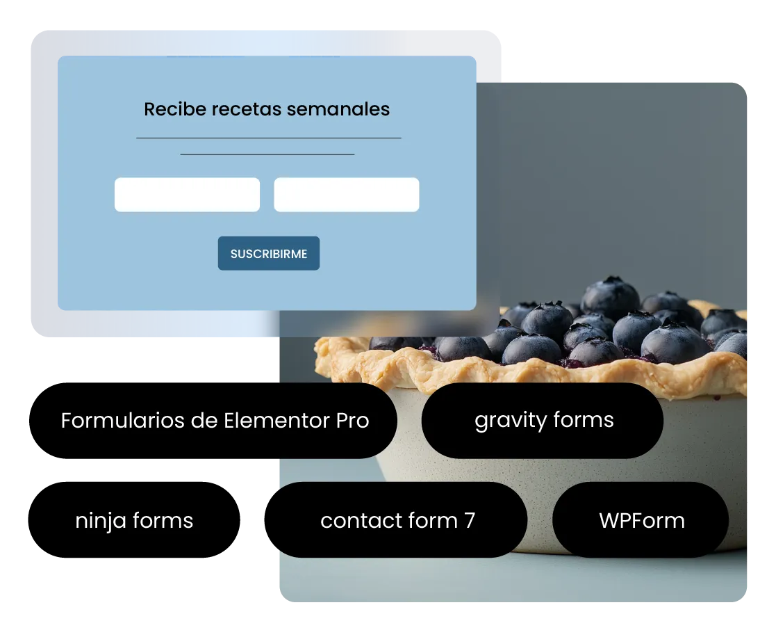 Formulario de suscripción de email marketing de SiteGround integrado con los plugins de formularios más populares de WordPress, como Elementor Pro Forms, Gravity Forms, Ninja Forms, Contact Form 7 y WPForms, con una tarta de arándanos de fondo.