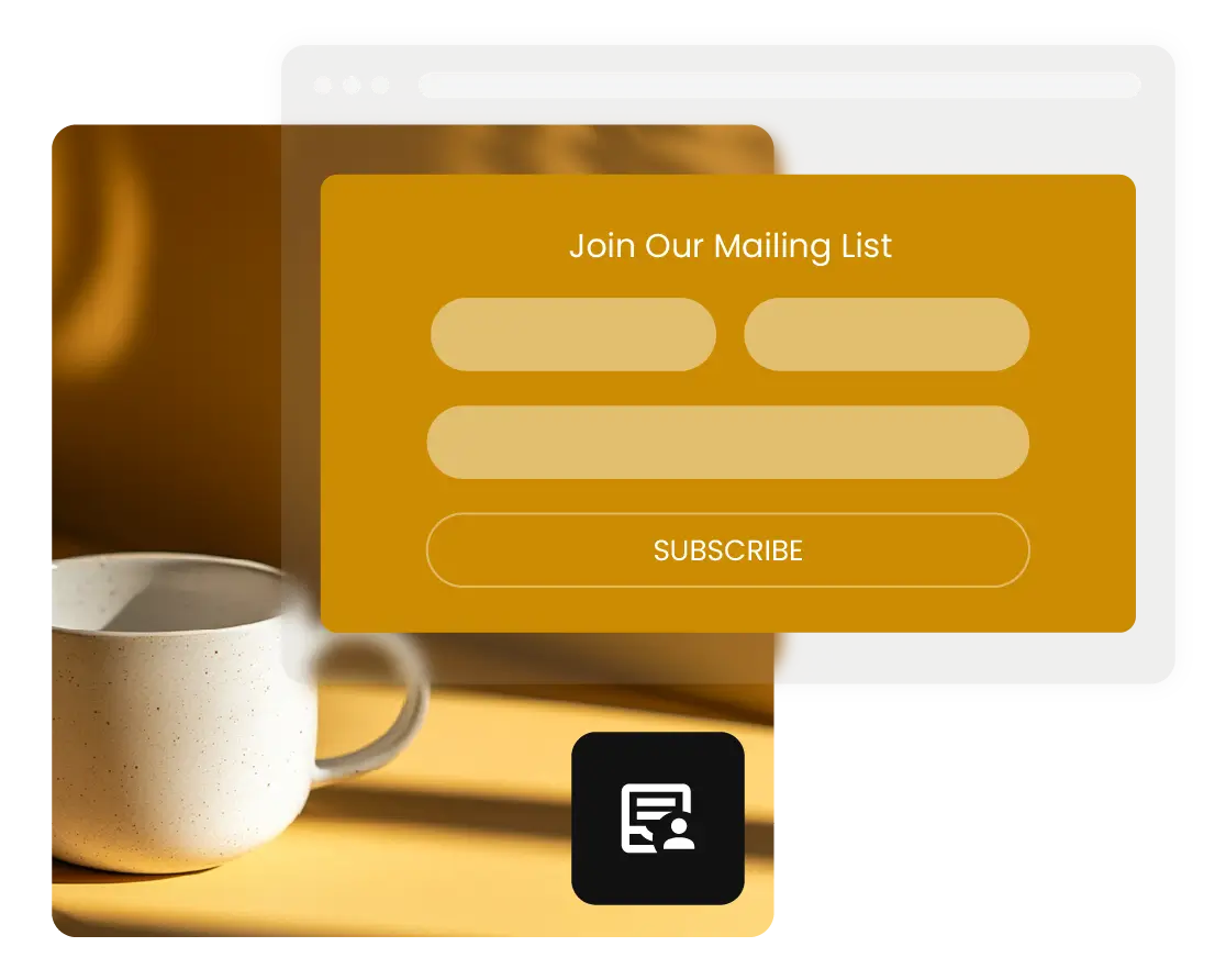 SiteGround email marketing subscribe page with a mailing list signup form to grow your reach, set against a cozy coffee mug background.