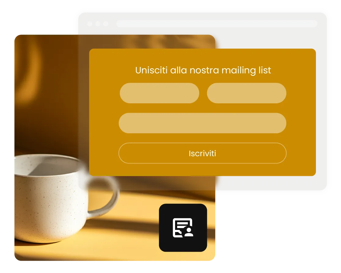 Pagina di iscrizione per l'email marketing di SiteGround con modulo di iscrizione alla mailing list per ampliare la tua portata, con un accogliente sfondo a forma di tazza di caffè.