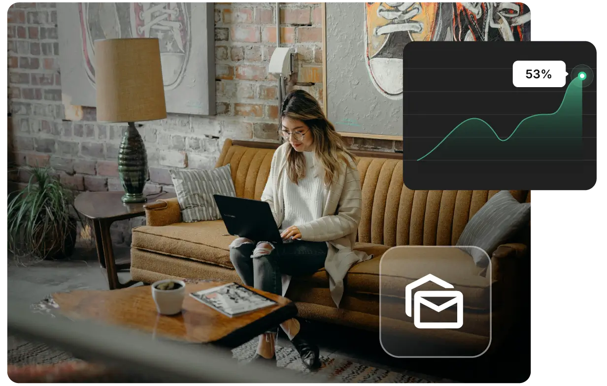 SiteGround email marketing platform helping a small business owner grow her business, shown working on a laptop in a cozy artsy living room with an email campaign performance growth chart showing 53% in the corner.