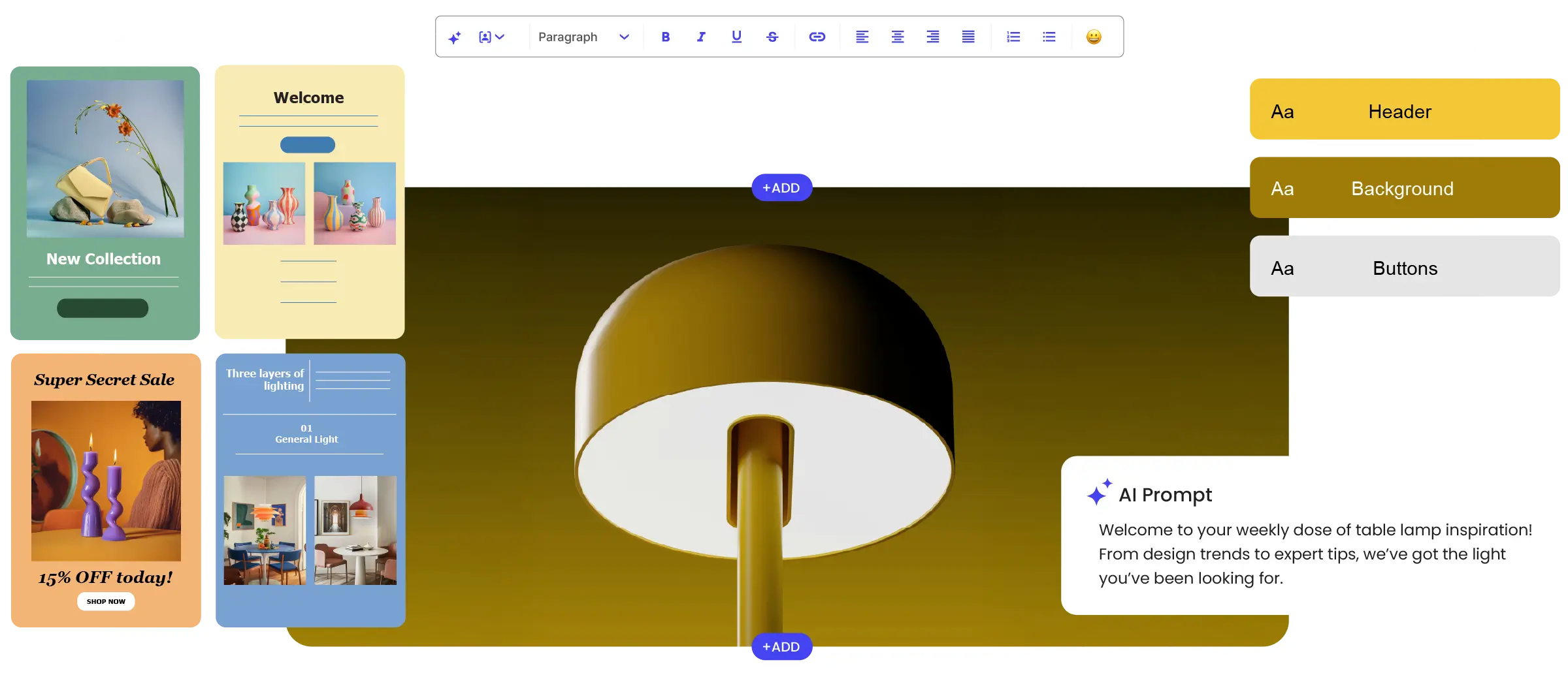 SiteGround no-code email builder showing free email templates, customizable color themes for headers, backgrounds, and buttons, and an AI prompt generating newsletter content.