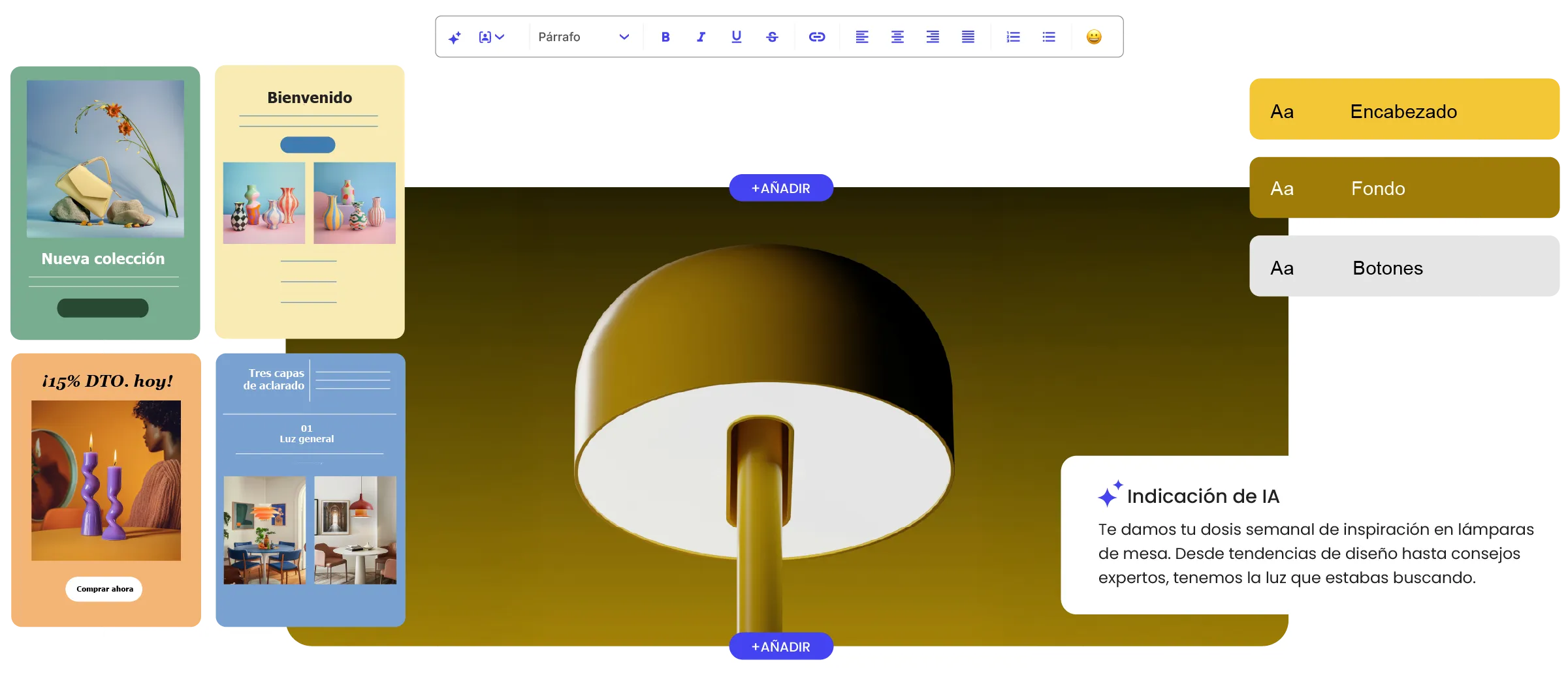 Editor de emails sin código de SiteGround con plantillas gratuitas, temas de color personalizables para encabezados, fondos y botones, y generación de contenido para newsletters mediante IA.