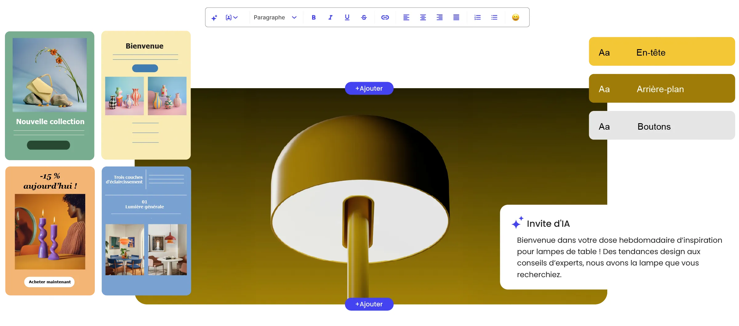 Créateur d'emails no-code SiteGround présentant des modèles d'emails gratuits, des thèmes de couleurs personnalisables pour les en-têtes, arrière-plans et boutons, ainsi qu'un prompt IA générant du contenu de newsletter.