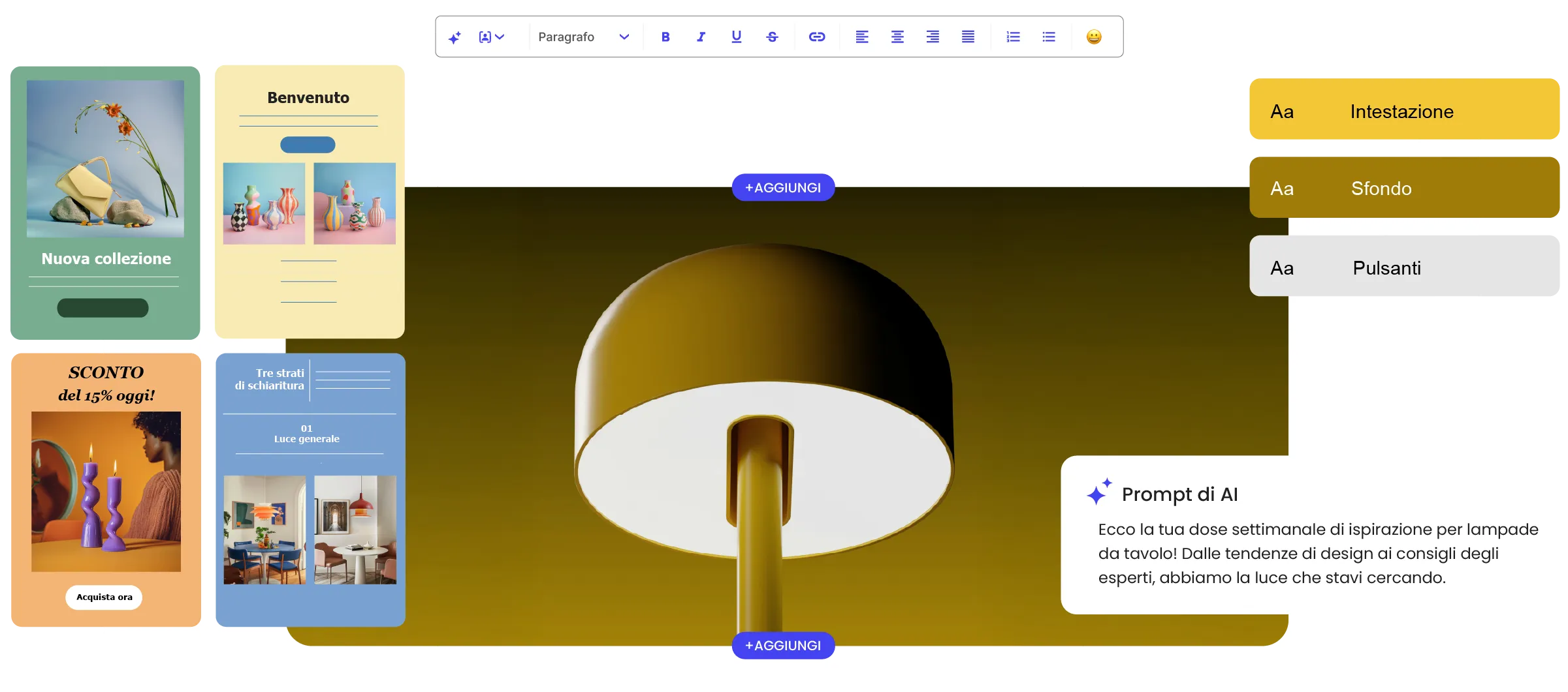 L'editor email di SiteGround mostra modelli email gratuiti, temi personalizzabili per intestazioni, sfondi e pulsanti e un prompt basato sull'IA per la generazione di contenuti per newsletter.