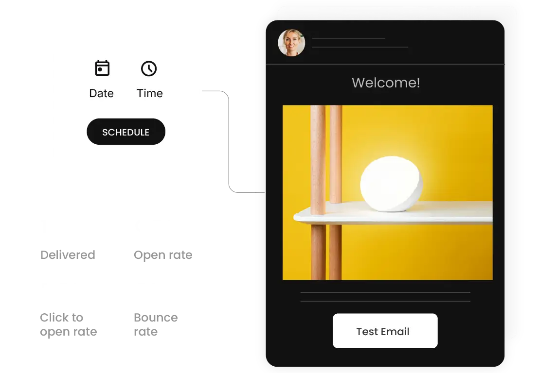 SiteGround email marketing platform scheduling and testing a welcome email campaign, with performance metrics showing delivered emails, open rate, click-to-open rate, and bounce rate.
