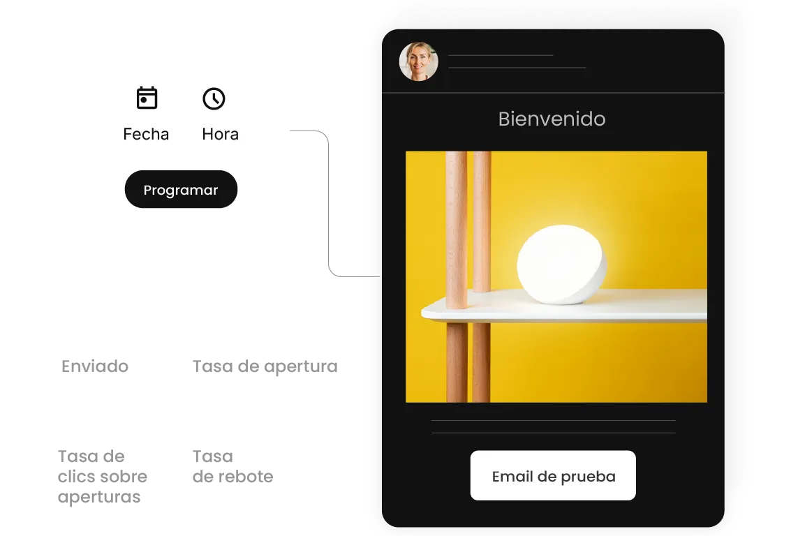 Plataforma de SiteGround programando y probando una campaña de email de bienvenida, con métricas como emails entregados, tasa de apertura, ratio de clics sobre aperturas y tasa de rebote.