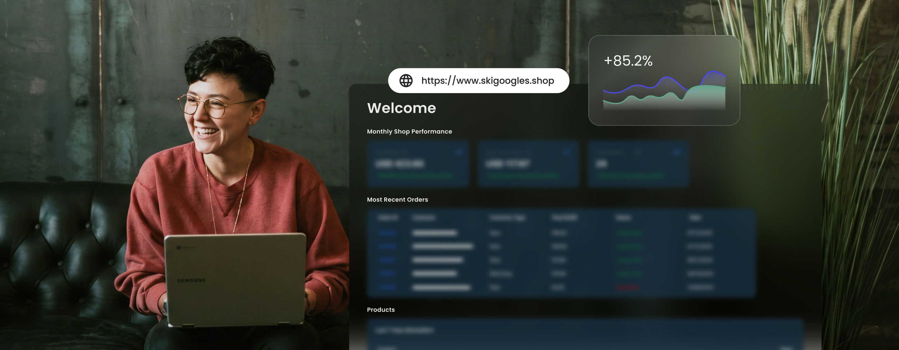 Client ecommerce store on isolated hosting, dashboard showing 85.2% performance growth