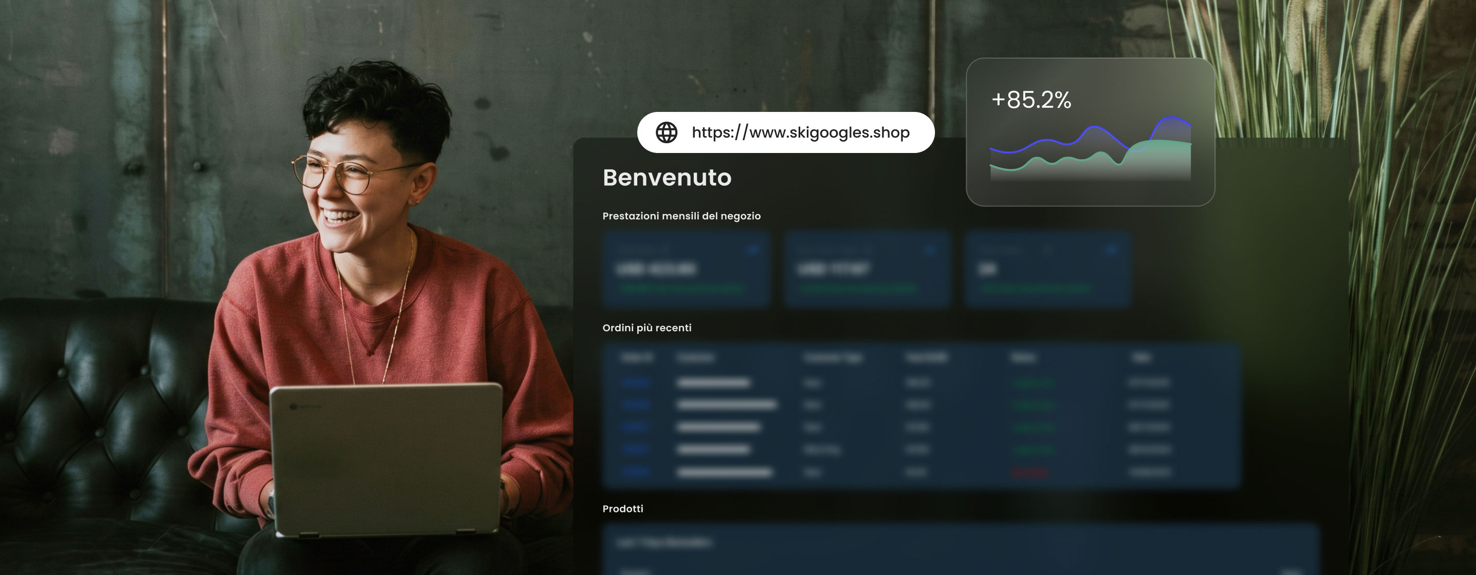 Negozio ecommerce del cliente su hosting isolato, dashboard che mostra una crescita delle prestazioni dell\'85,2%