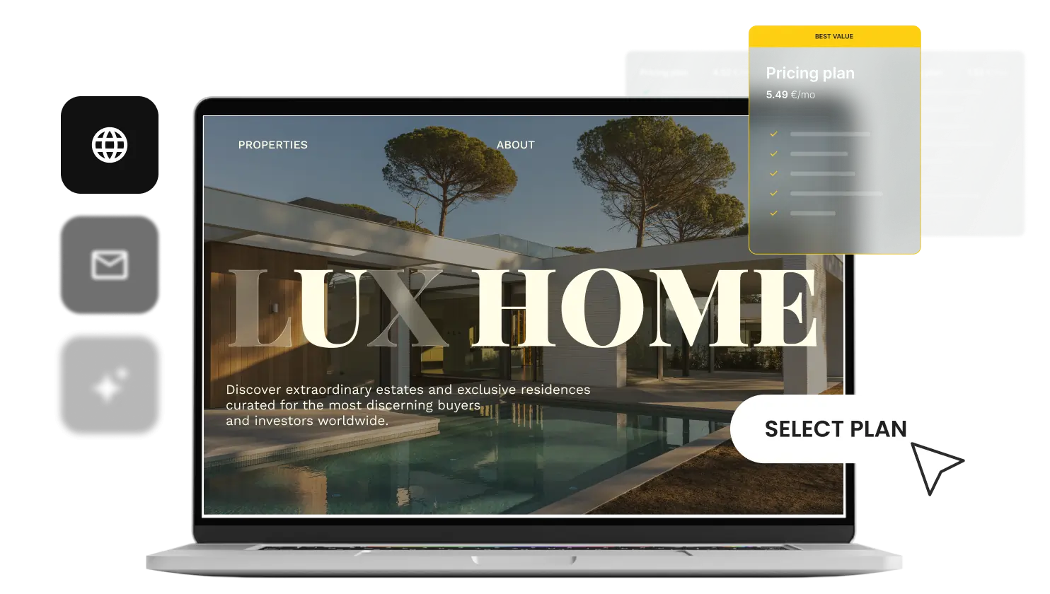 Laptop displaying a client real estate website beside a custom-priced, self-branded reseller hosting plan