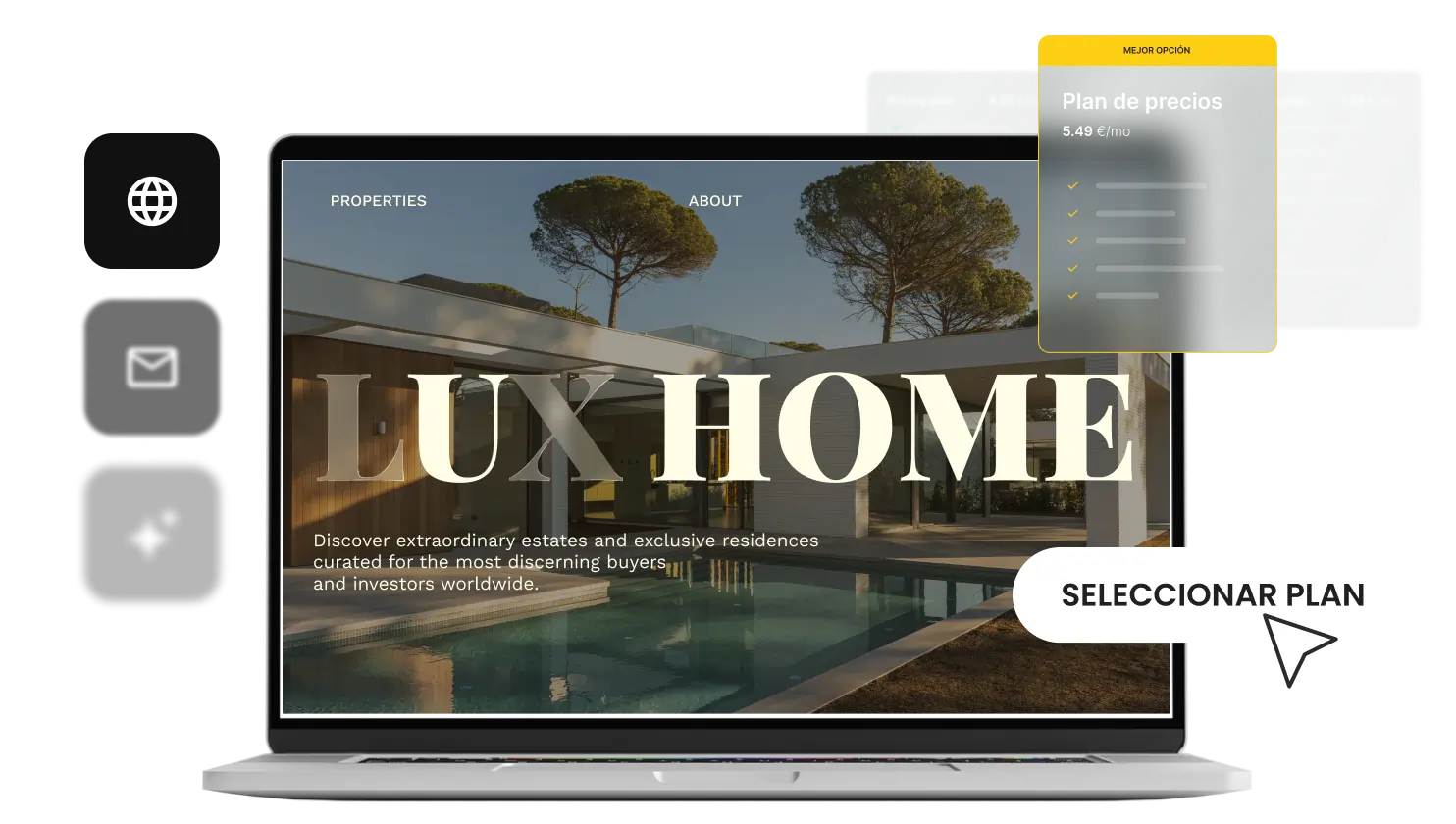 Portátil mostrando un sitio web inmobiliario de un cliente junto a un plan de revendedor de hosting a precio personalizado y marca propia