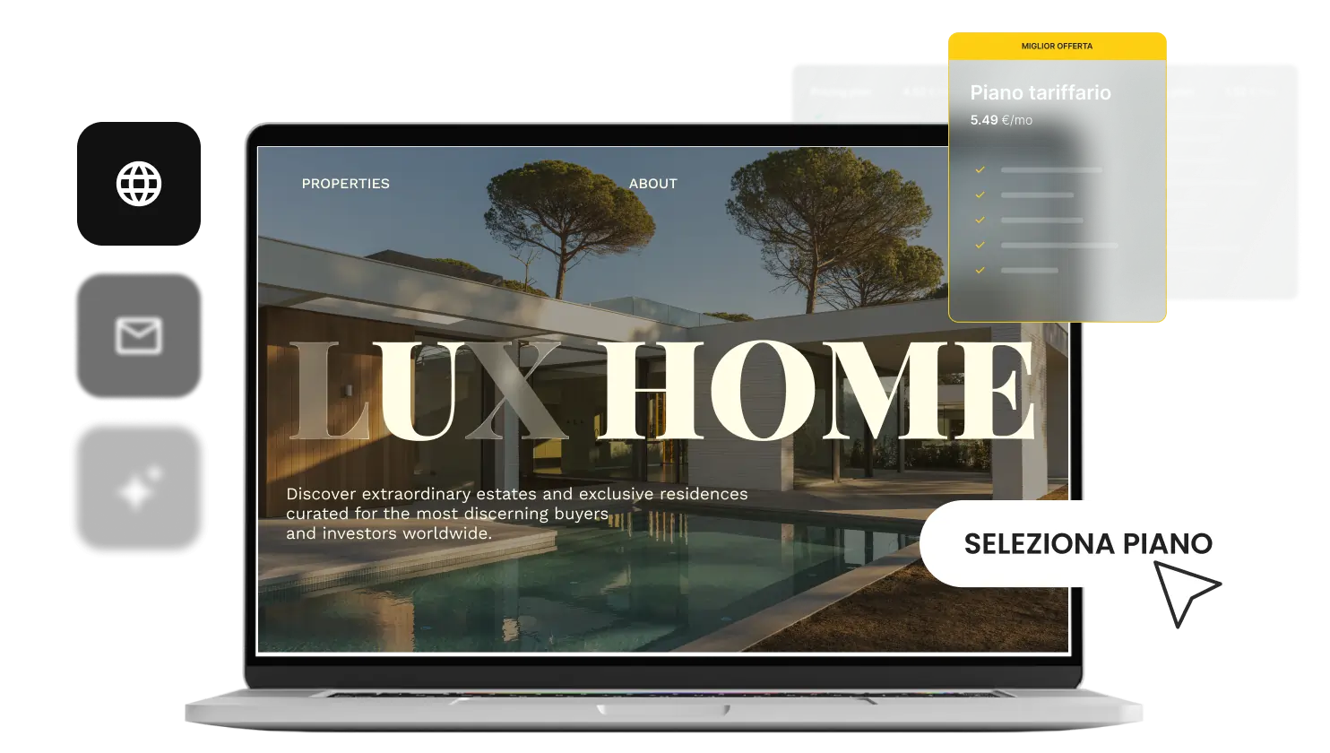 Laptop che visualizza un sito web immobiliare di un cliente accanto a un piano di hosting per rivenditori a prezzo personalizzato e marchio proprio