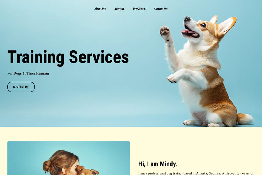 Layout del sito web di un'attività di addestramento animali: landing page con una sezione 