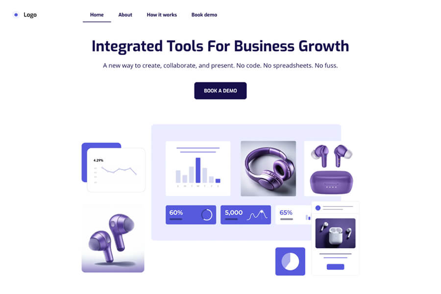 Layout del sito web di un'attività SaaS: landing page pulita con illustrazioni di prodotti, visualizzazioni di dati e un pulsante 