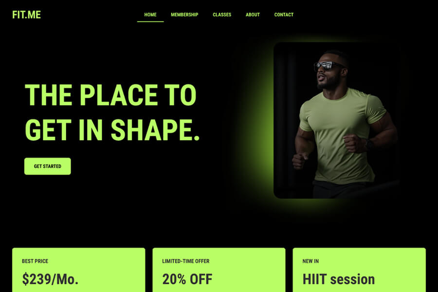 Layout del sito web di un'attività di fitness: landing page a tema scuro con accenti verde neon, con un runner e un invito all'azione 