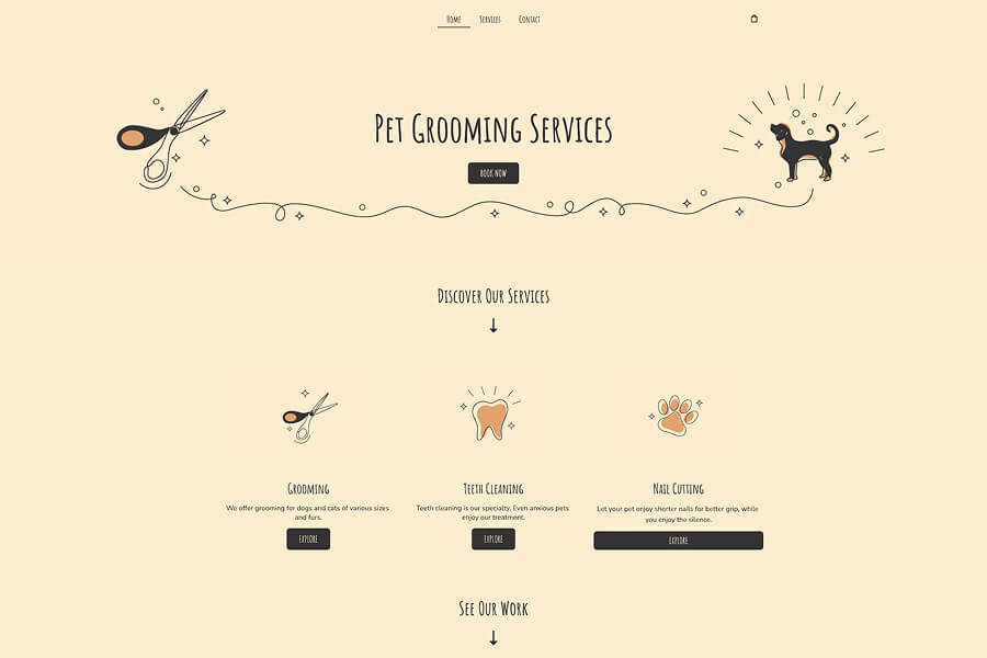 Layout del sito web di un servizio di toelettatura per animali: pagina orientata al servizio con una palette di colori crema e icone fantasiose per la toelettatura, la pulizia dei denti e il taglio delle unghie.