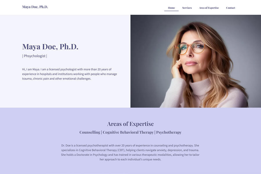 Layout del sito web di uno psicologo professionista: landing page per Maya Doe, Ph.D., con un ritratto professionale, un'introduzione biografica e le aree di competenza.