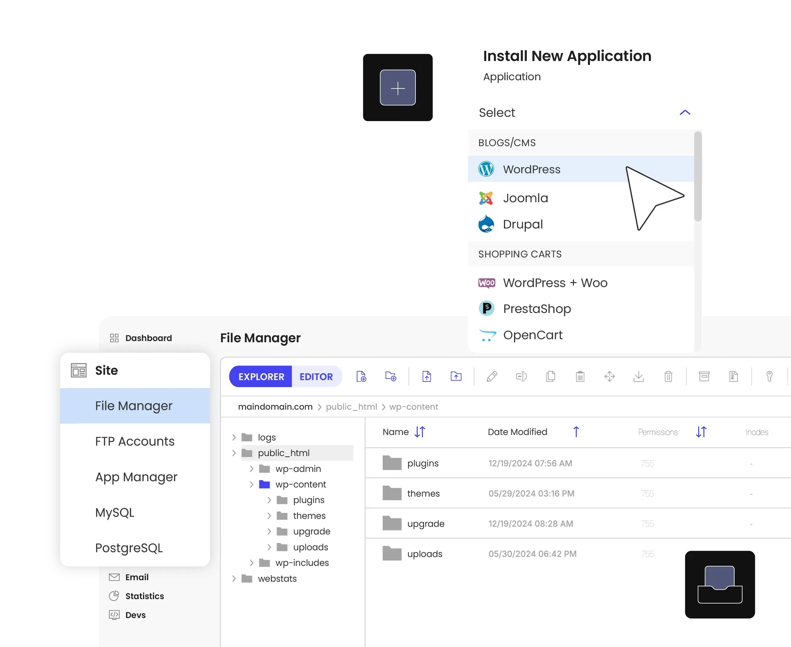 Installation d’applications et gestion des fichiers faciles en 1 clic depuis le tableau de bord SiteGround, pour WordPress et au-delà.