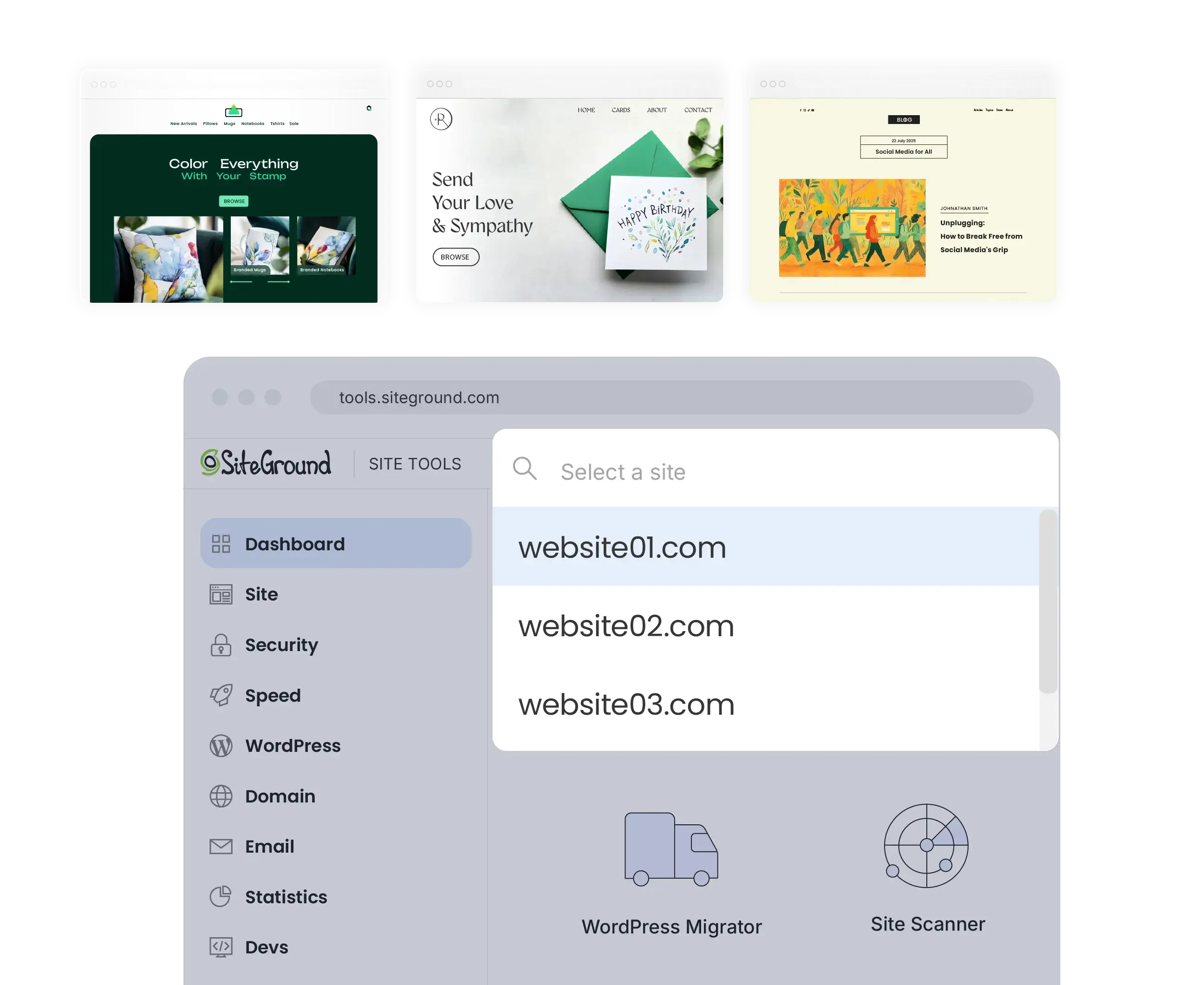 Dashboard di SiteGround Site Tools che dimostra una gestione senza sforzo di più siti e vari design di siti web.