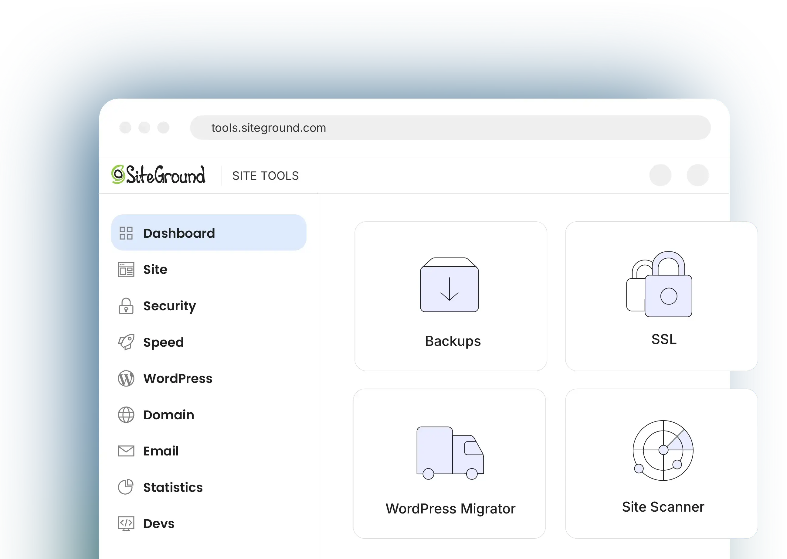 Interfaz intuitiva de SiteGround con herramientas de acceso rápido para copias de seguridad del sitio, seguridad SSL y migración WordPress.