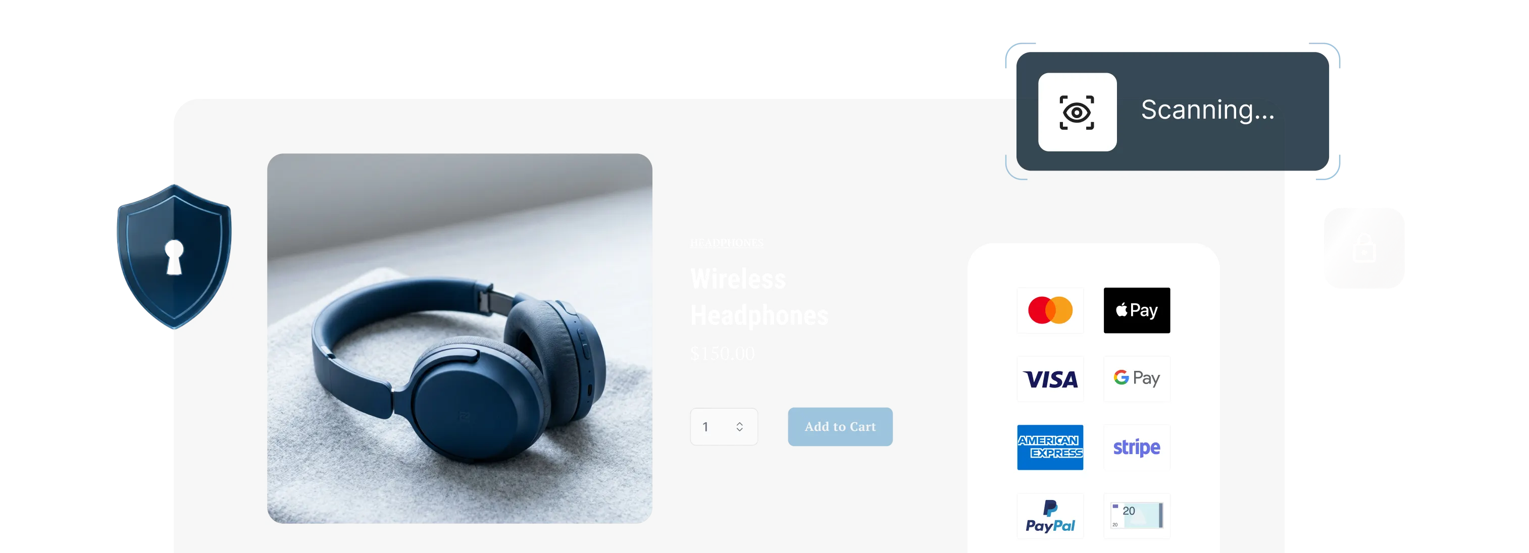 Online store product page protected by a security shield, with a malware scan in progress and secure payment options.