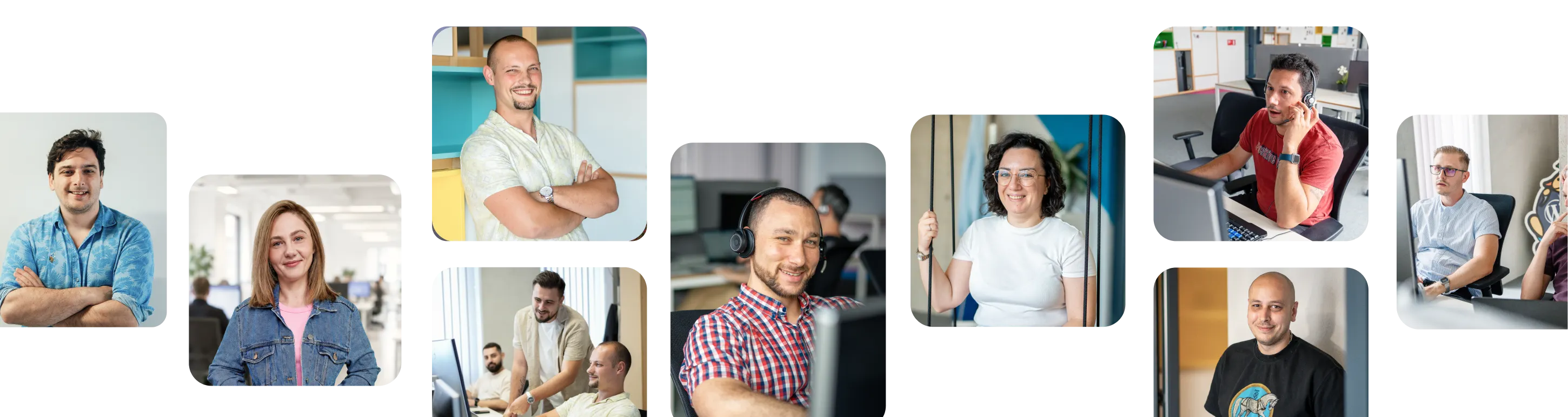 SiteGround customer support team members smiling and working at their desks with headsets - available to support your business 24/7.