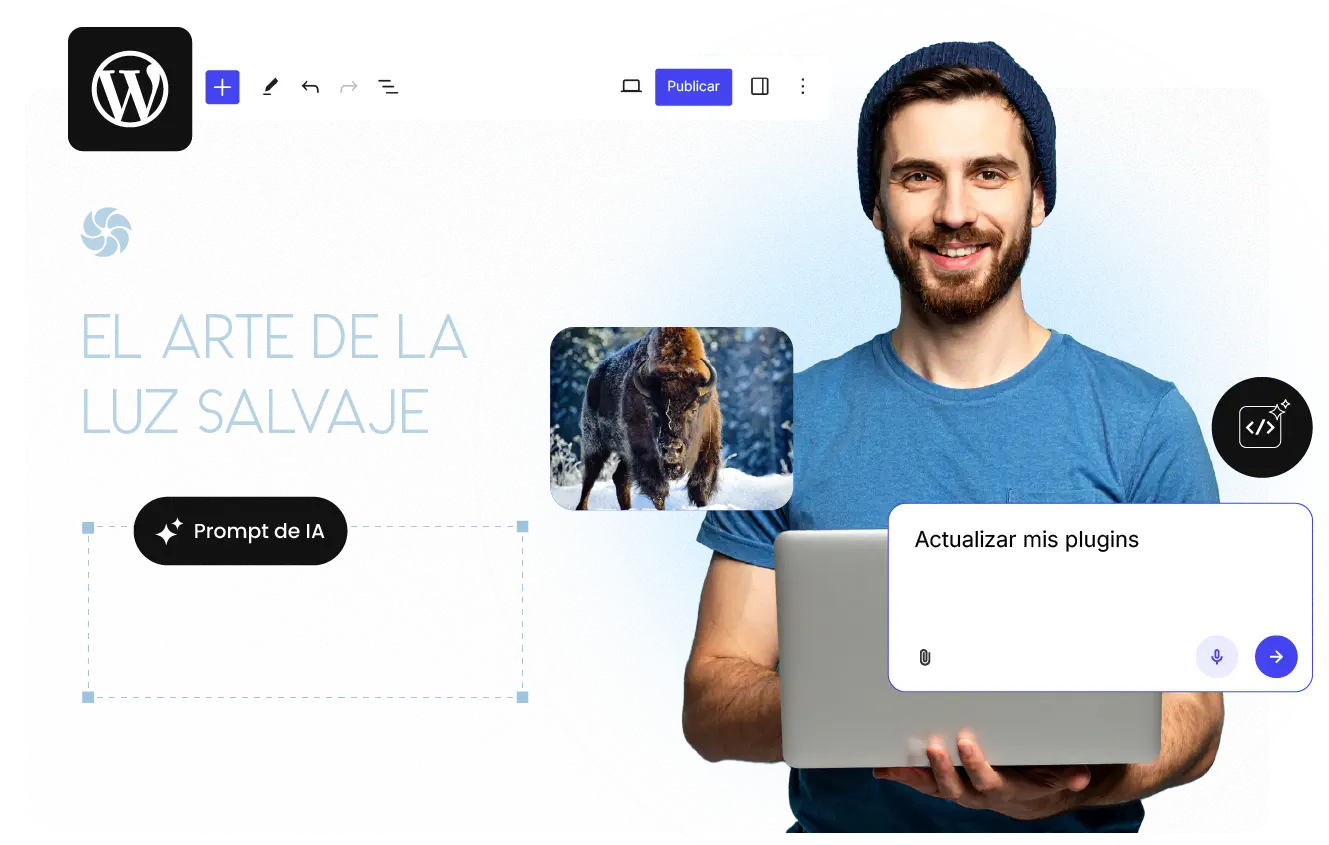 WordPress gestionado por IA con configuración instantánea y soporte en vivo